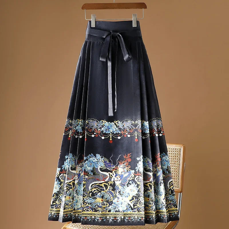 Maxi Chinese Style Horse Face Skirts Women Hanfu Vintage Harajuku Saia Casual Long Print Pleated Skirt Woman Clothing Faldas