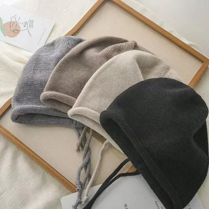 Fashion Drawstring Baggy Slouchy Beanie For Women Autumn Winter Ear Warm Skullies Cap Solid Color Bonnet Girl Kintted Woolen Hat