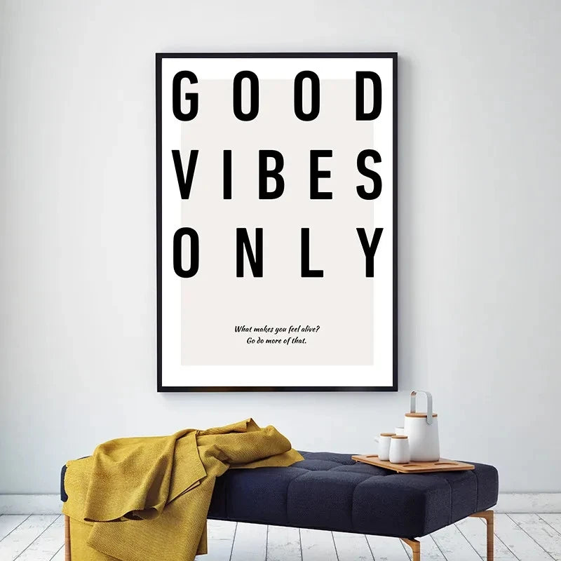 Minimalist Black White Motivational Quotes Poster and Print Canvas Painting Letter Good Vibes Only Wall Art Modern Home Decor