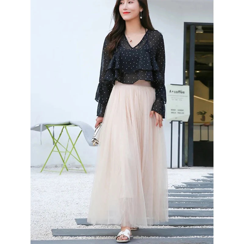 Vintage Tulle Skirt Women Streetwear Elastic High Waist Mesh Pleated Skirts Summer Elegant Korean A Line Office Ladies Skirt New