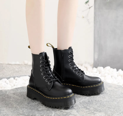 Large Size35-45 Genuine Leather Platform Boots Women Shoes Black Leather Ankle Boots Punk Shoes Thick Bottom Motorcycle Boots