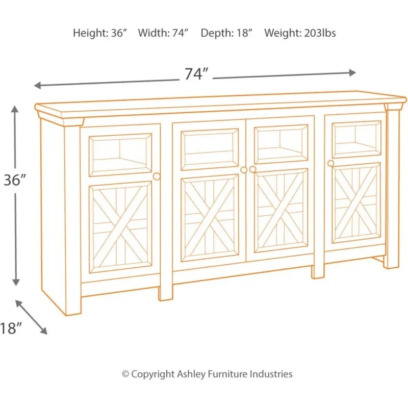 Mueble de TV estilo granja de dos tonos Signature Design by Ashley Bolanburg, apto para televisores de hasta 72", 3 gabinetes y estantes de almacenamiento ajustables