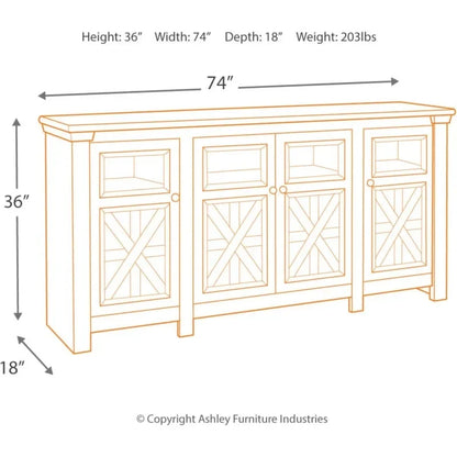 Mueble de TV estilo granja de dos tonos Signature Design by Ashley Bolanburg, apto para televisores de hasta 72", 3 gabinetes y estantes de almacenamiento ajustables