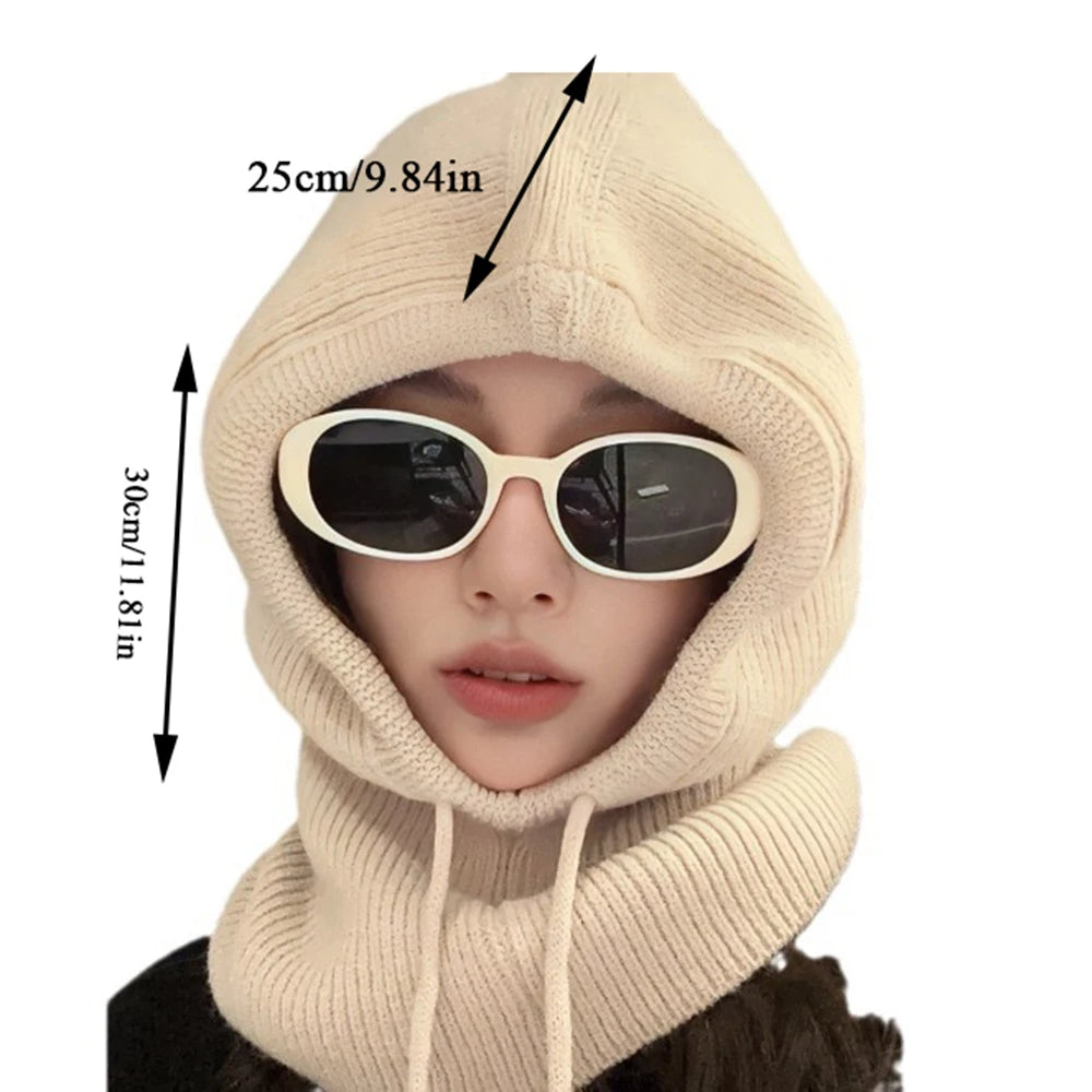 Balaclava Hats Women Knitted Hooded Caps Winter Korean Style Outdoor Warmer Drawstring Hats One-piece Neck Collar Beanies Cap