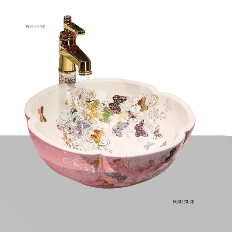 Luxury Hand-painted Bathroom Sinks Special-shaped Above Counter Basin Ceramic Wash Basin Designer Home Kitchen Art Single Basin