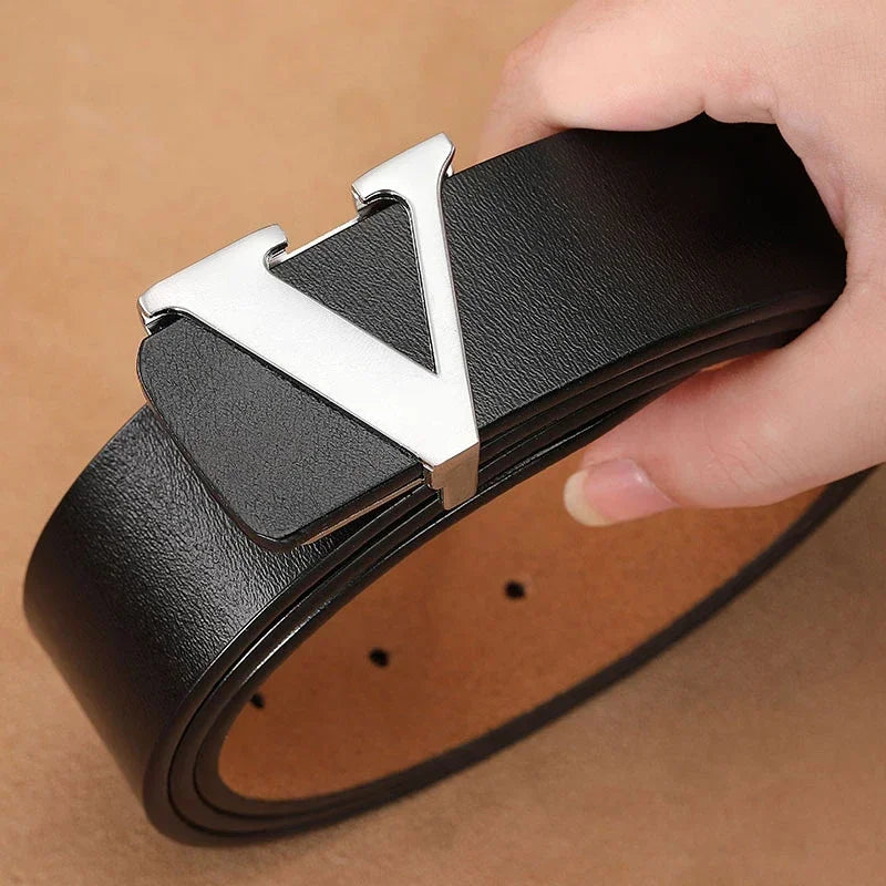 High Quality Smooth Buckle Belt Men's Genuine Leather Pure Cowhide Letter V Jeans Belt for Men Women Luxury Male Belt Designers