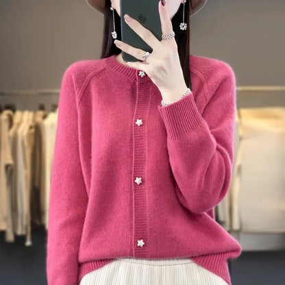 2024 New Women's Cardigan Sweater Idle Style Round Neck Star Button Knit Base Jacket Wholesale Price Quality Knitwear