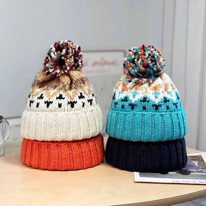 2024 Cute Print Embroidery Beanies Hats for Women Men Winter Wool Warm Fur Pompom Baggy Knit Hat Bonnet Caps