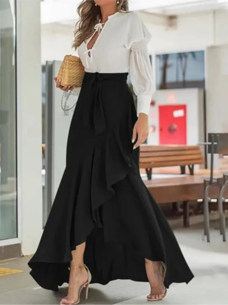 Spring Autumn Women Long Skirt High Waist Lace-up Ruffle Trim Plaid Print Bow Tie Irregular Hem Maxi Skirt Female 2024 New