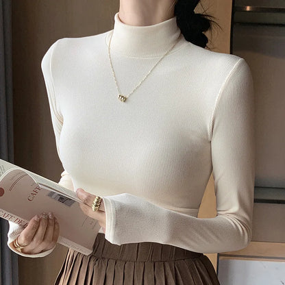 2024 New Knitted Half-turtleneck Pullovers Women Bottom Shirts Sweater Jumper Elegant Korean Fashion Long-sleeved Knitwear Tops