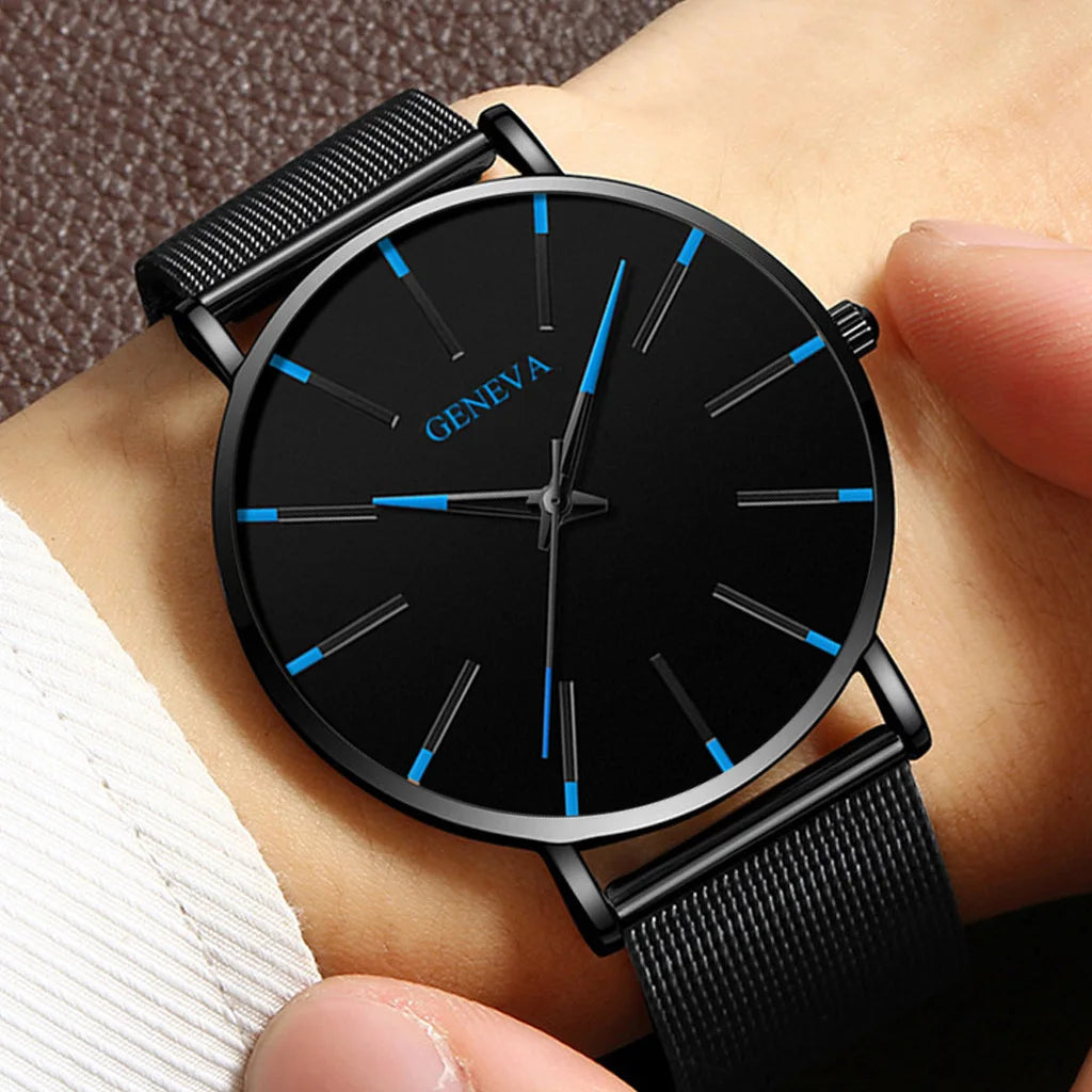 Fashion Mens Business Black Watches Luxury Stainless Steel Ultra Thin Mesh Belt Quartz Men Wrist Watch Casual Classic Male Watch