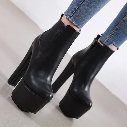 16CM Thick High Heel Shoes Womens Platform Elastic Band Side Zipper Chelsea Boots Black  Ankle Boot Zapatos Para Mujeres