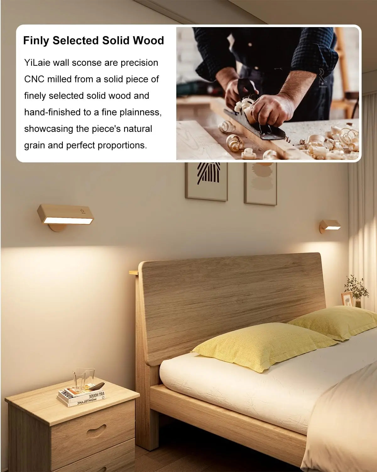 Nordic Wood Wall Lamp With 360 Rotate Dimmable Wall Sconce Touchable Magnetic For Bedroom Cordless Wall Mount Light For Reading