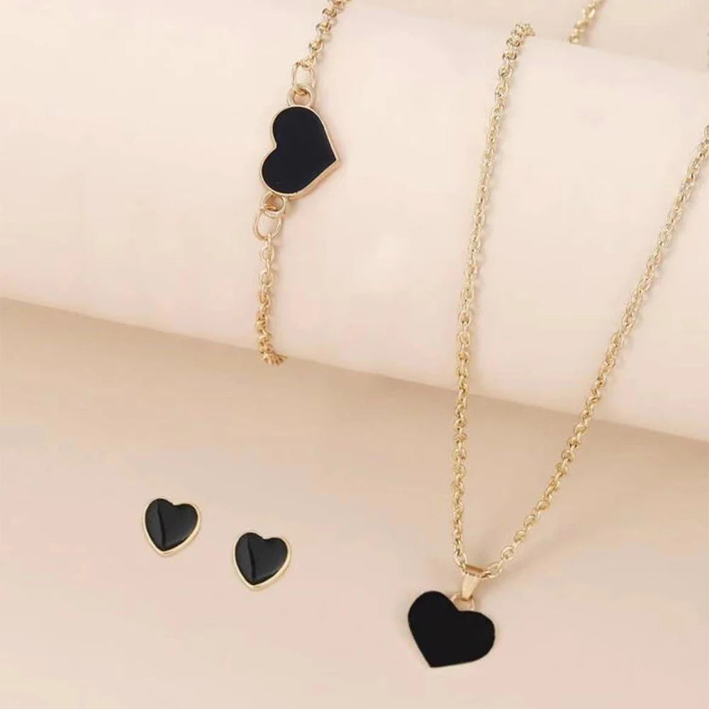 5 Piece Set Women Black Heart Jewelry High End Fashion Creativity Suitable Gift Giving Necklaces Bracelets Rings Earrings Set