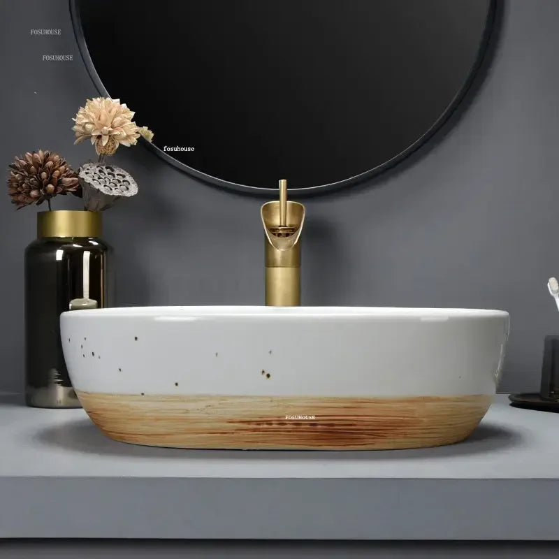 European Ceramic Bathroom Sinks Hotel Homestay Bathroom Washbasin Simple Countertop Home Oval Washbasin Creative Washing Sink X