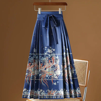 Maxi Chinese Style Horse Face Skirts Women Hanfu Vintage Harajuku Saia Casual Long Print Pleated Skirt Woman Clothing Faldas