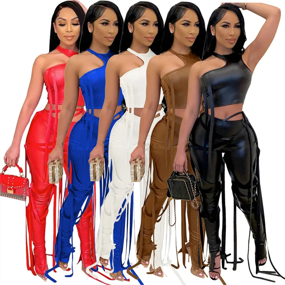 Y2K PU Faux Leather Two Piece Outfits for Women Party Club Matching Sets Ribbons Crop Top and Pants 2 Piece Sets Women Outfits