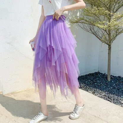 Fashion Summer Tutu Women Skirt Harajuku Tulle Bottom Faldas Casual High Waist Midi Mesh Skirts Woman Clothes Saia Jupe Femme