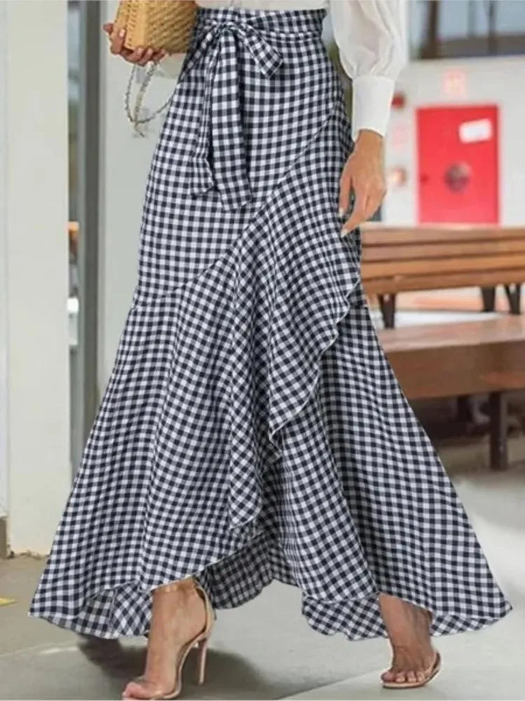 Spring Autumn Women Long Skirt High Waist Lace-up Ruffle Trim Plaid Print Bow Tie Irregular Hem Maxi Skirt Female 2024 New