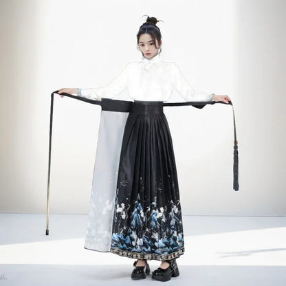 Maxi Chinese Style Horse Face Skirts Women Hanfu Vintage Harajuku Saia Casual Long Print Pleated Skirt Woman Clothing Faldas