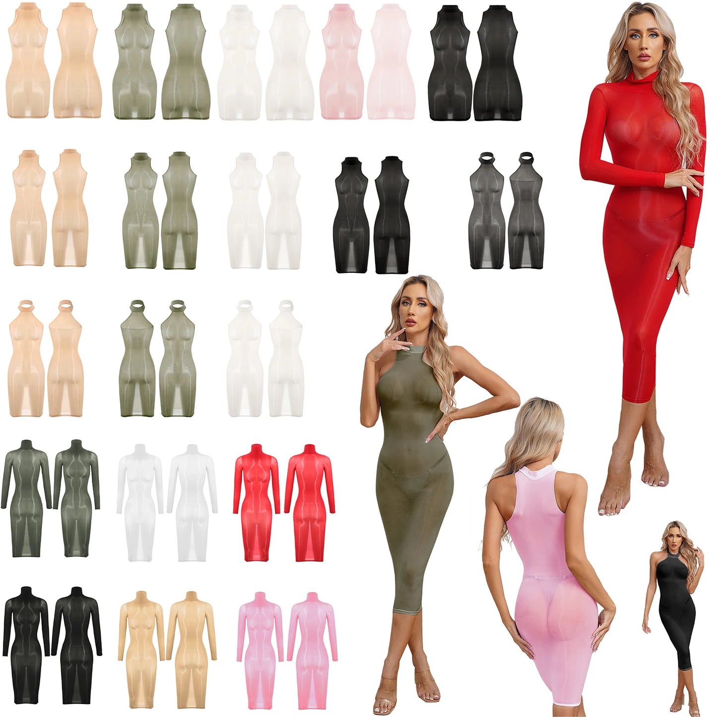 Womens See Though Skinny Dress Lingerie High Stretchy Glossy Bodycon Dress Long Sleeve Sleeveless Dating Club Rave Party Clothes