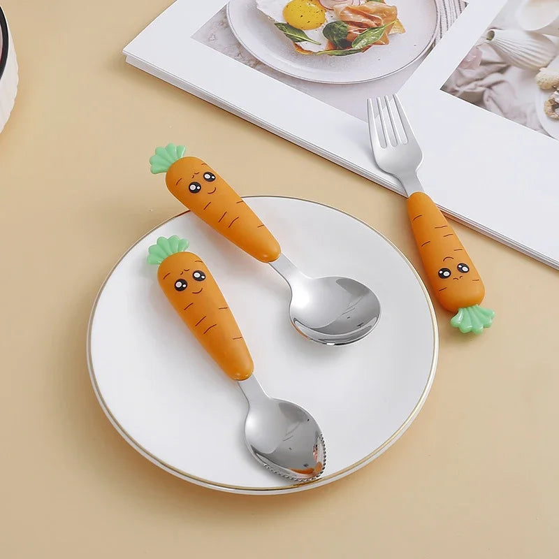 Children Carrots Tableware Set 3PCS Stainless Steel Spoon Fork Flatware With Box Kids Dinnerware Baby Feeding Kitchen Supplies