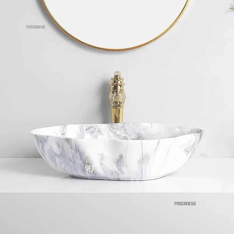 Ceramic Bathroom Sinks Designer Marble Pattern Countertop Sink Light Luxury Hotel Washbasin Creative Bathroom Furniture N