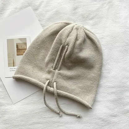 Fashion Drawstring Baggy Slouchy Beanie For Women Autumn Winter Ear Warm Skullies Cap Solid Color Bonnet Girl Kintted Woolen Hat