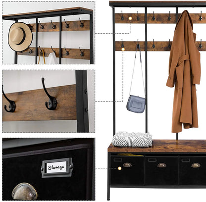 HOOBRO Coat Rack With 12 Hooks Hall Tree With Bench And Shoe Storage Entryway Bench With 3 Storage Boxes For Hallway Living Room