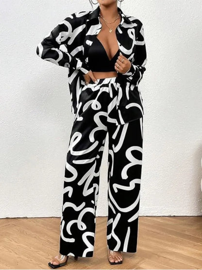 Spring Autumn Fashion Print 2 Piece Sets Women Loose Casual Pants Sets Female Long Sleeve Shirt Wide Leg Pants Two Piece Sets