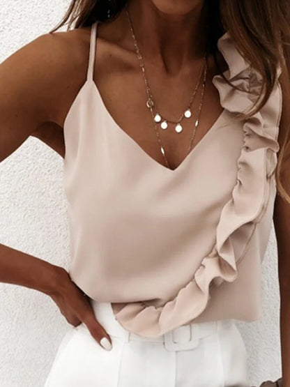 Women Summer Blouse Shirts Sexy V Neck Ruffle Blouses Backless Spaghetti Strap Office Ladies Sleeveless Casual Tops