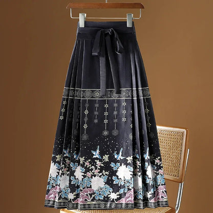 Maxi Chinese Style Horse Face Skirts Women Hanfu Vintage Harajuku Saia Casual Long Print Pleated Skirt Woman Clothing Faldas