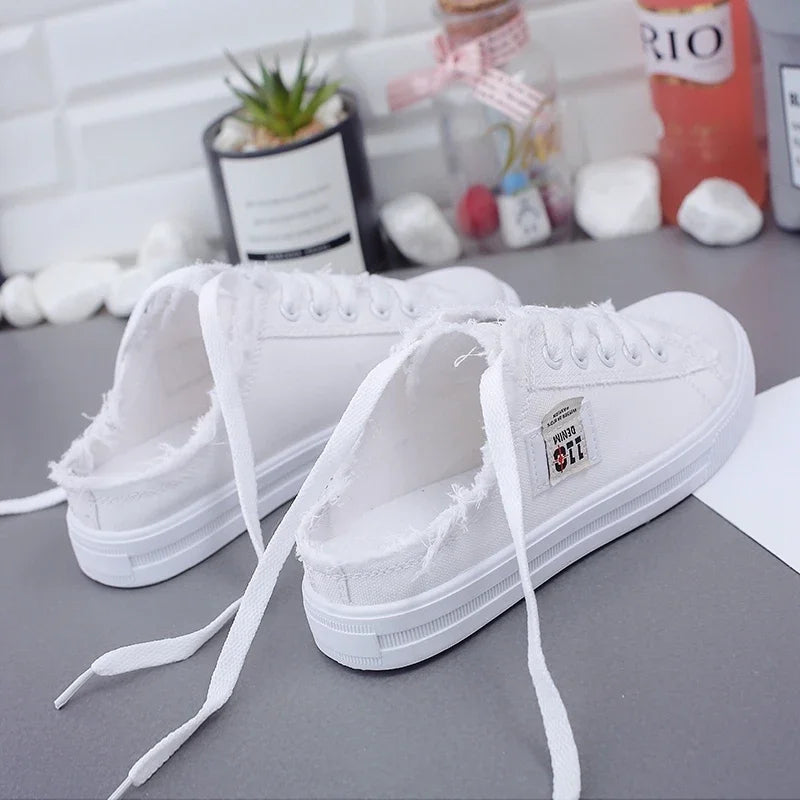 New 2024 Spring Summer Women Canvas Slippers Flat Sneakers Women Casual Pantuflas Shoes Mules White Shoes Lace Up Half Slides