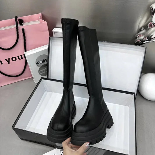 Winter Women Knight High Boots Fashion Back Zippers Ladies Elegant Platform Flats Long Booties Short Plush Women's Footwear