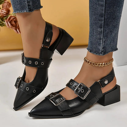 Strap shoes, Gothic thick heels, women's high heels, rivets, street style, medium heels, punk retro casual sandals