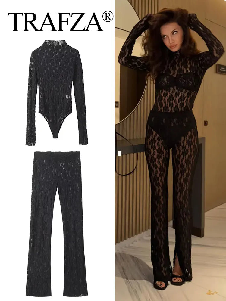 TRAFZA Womens Lace Pants Sets Slim Jumpsuits Top + High Waist Trousers Sexy Lady Floral Lace Translucent Y2k Bodysuit Suits