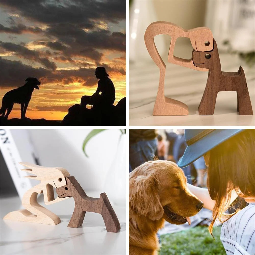 Cute Wood Dog Human Statue Craft Figurine Desktop Table Ornament Carving Model Home Room Decoration Pet Sculpture Christmas Gift