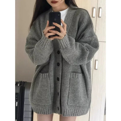 Grey Sweater Jacket Women's Autumn/Winter 2024 New Loose-Fit Outerwear Japanese Style Casual Vintage Soft and Flexible Knitted C