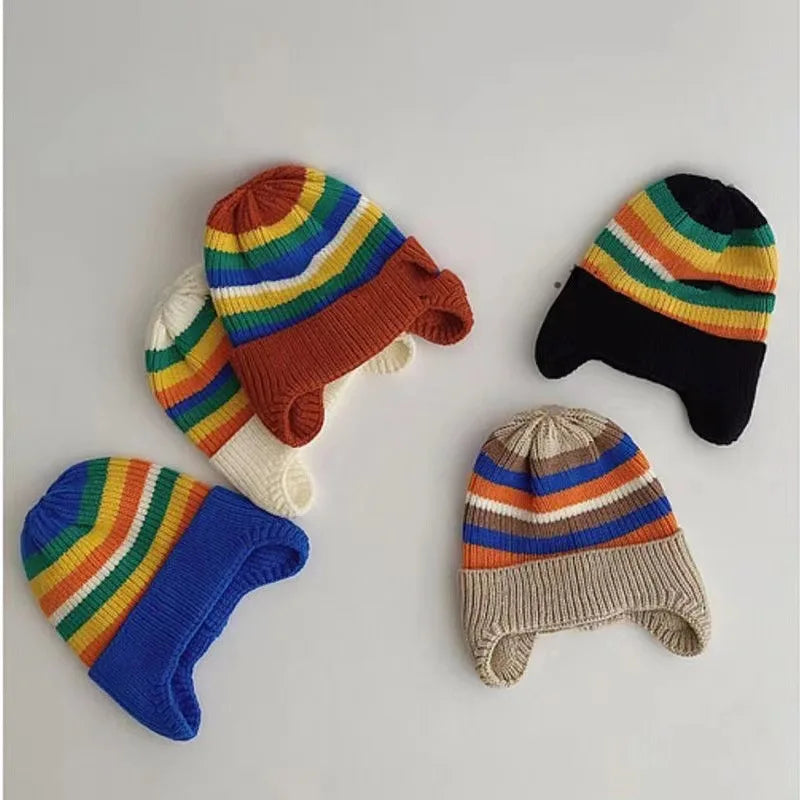 Winter Baby Knit Hat Korean Striped Rainbow Kids Beanie 1-4Year Boy Girl Warm Ear Protection Cap Colorful Children Earmuffs Caps