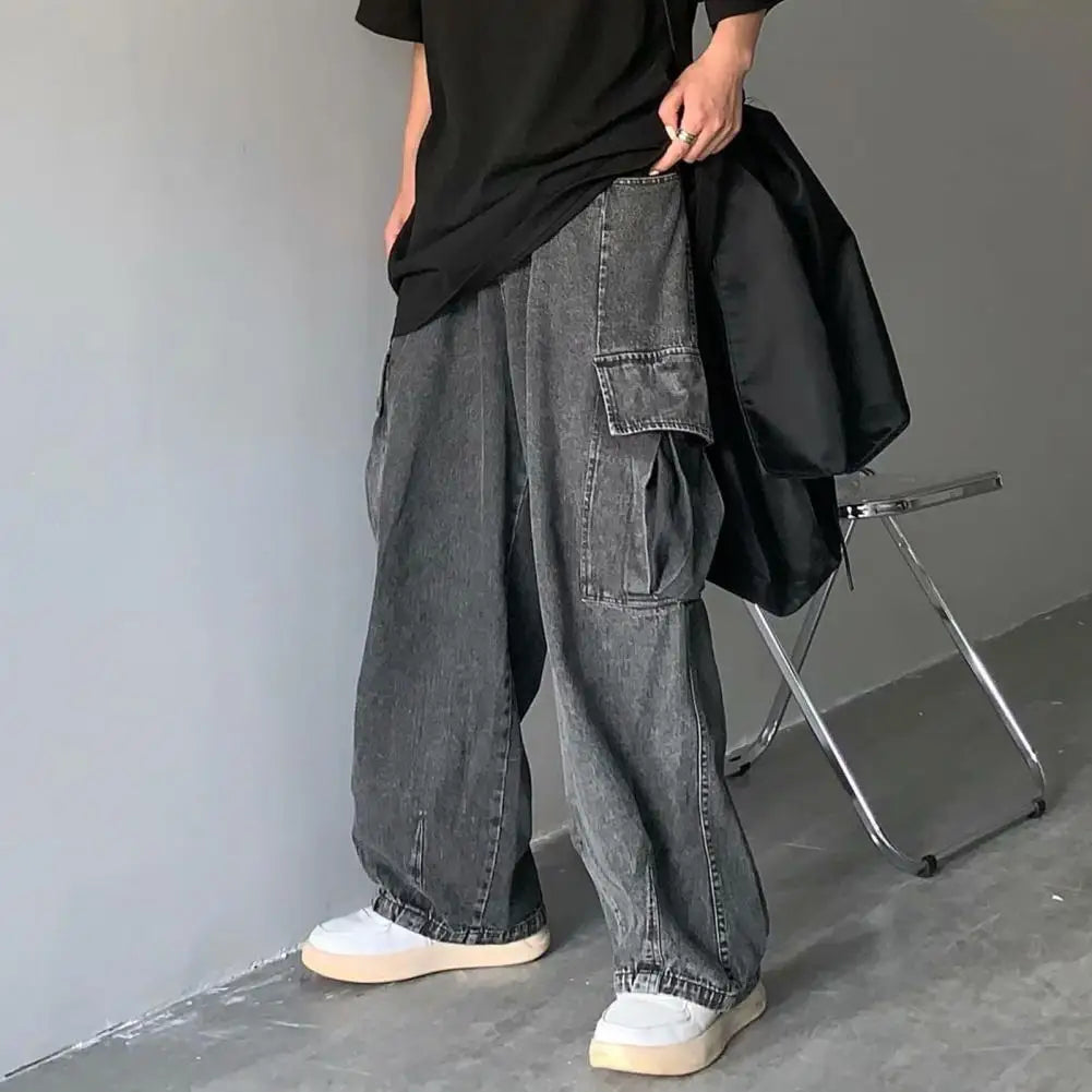 Denim Fabric Men Trousers Retro Loose Fit Cargo Jeans for Men with Multi Pockets Straight Wide Leg Denim Pants Streetwear Style