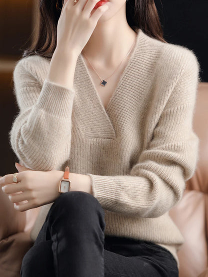 Women's Solid Loose Knit Sweater Base V-neck Pullover Autumn Winter Jumpers Knitwear Soft Warm Chic Femme Sweater Casual Tops