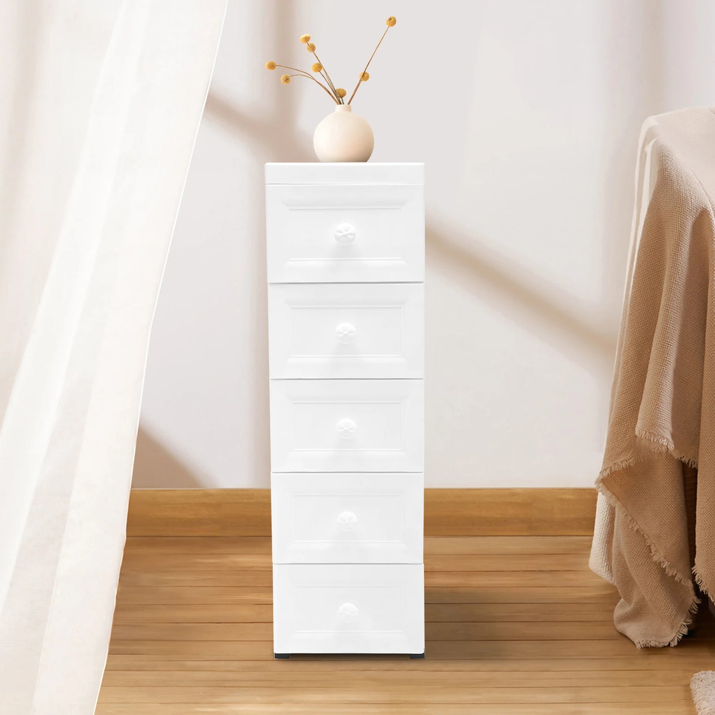 White Floor Standing Storage Cabinet with 5 Drawers Multipurpose Cabinet Bathroom Shelf Living Room Cabinet