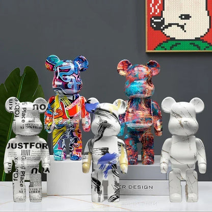 27cm Graffiti Bear Statue Paint Block Bear Decor Resin Desktop Ornaments Home Decoration Living Room Bear Floor Sculpture Gifts