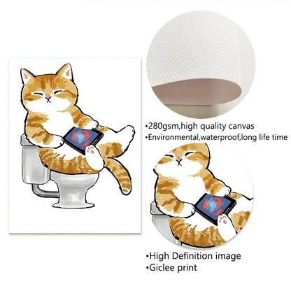 Toilet Cat Playing Mobile Phone Paper Poster Simple Pet Prints Canvas Painting Wall Art Pictures Home Bathroom Room Decoration