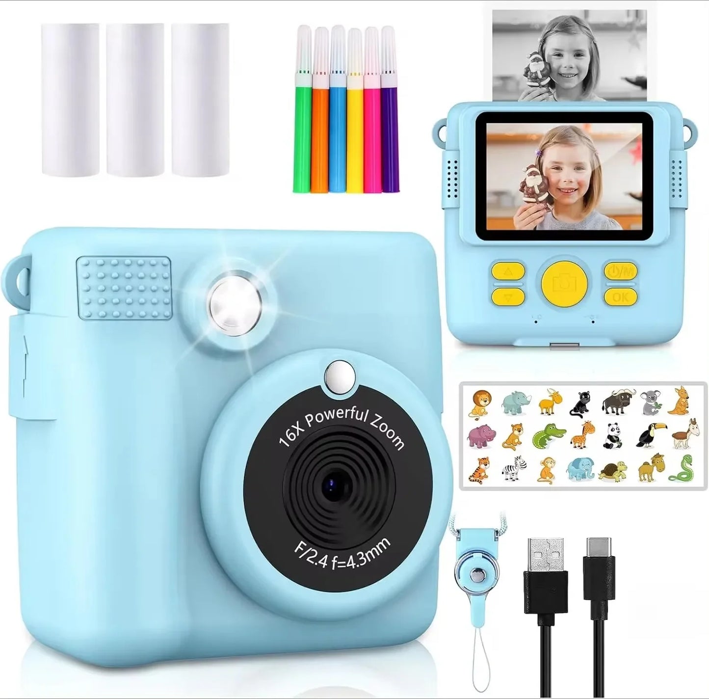 Mini Instant Camera for Boys and Girls, Portable Rechargeable Children's Digital Camera, HD Kids Camera with 32GB Memory Card