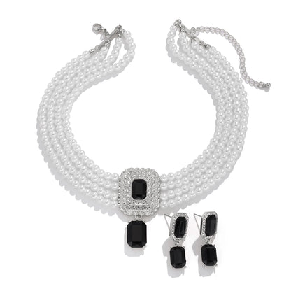 Lacteo Retro 2 piezas/set collar de cadena de perlas de imitación de múltiples capas pendientes de botón para mujer elegante joyería para banquete de boda traje nuevo