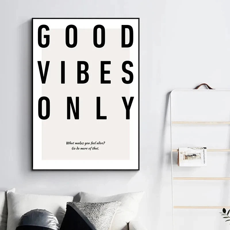 Minimalist Black White Motivational Quotes Poster and Print Canvas Painting Letter Good Vibes Only Wall Art Modern Home Decor