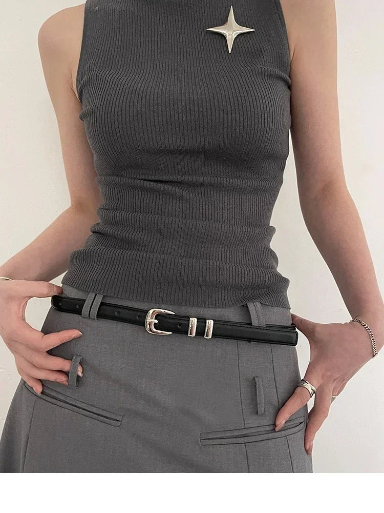 Woman's Fashionable Belts Black Simple Thin PU Belts Trousers Skirt Versatile Belts Student's Casual Belt