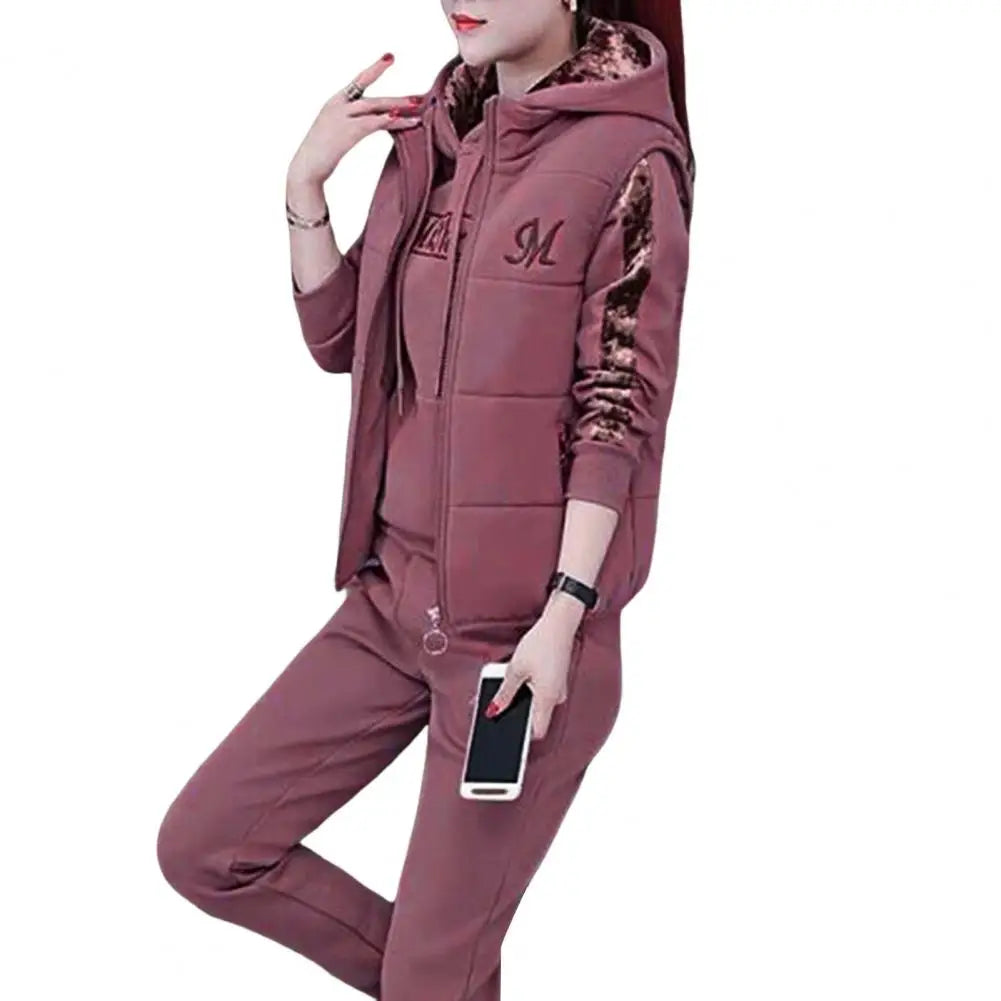 3Pcs/Set Trendy Women Tracksuit Windproof Waistcoat Hoodie Sweatpants Long Sleeve Cold Resistant