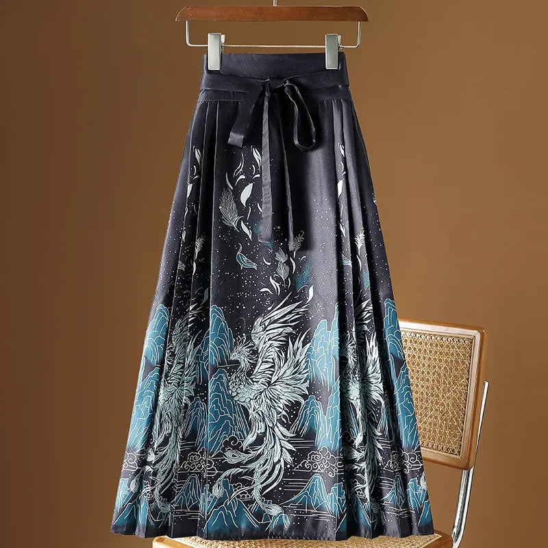 Maxi Chinese Style Horse Face Skirts Women Hanfu Vintage Harajuku Saia Casual Long Print Pleated Skirt Woman Clothing Faldas